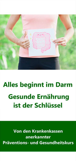 Deckblatt des Faltblattes: "Alles beginnt im Darm gesunde Ernährung ist der Schlüssel" bei der eine Person eine komikhafte Grafik des Darms vor den Bauch hält