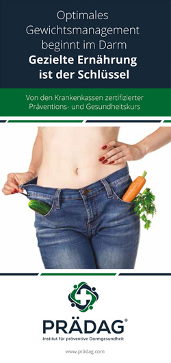 Deckblatt des Faltblattes: "Optimales Gewichtsmanagement beginnt im Darm gezielte Ernährung ist der Schlüssel" bei der eine Person ihren Bauch zeigt dabei Gemüse in den Hosentaschen hat